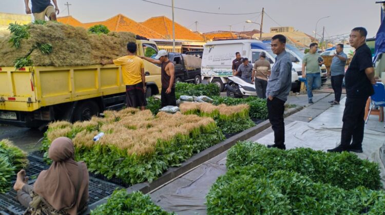 Dirut Perumda Pasar Kota Tangerang, Dedi Ochen, bersama Kepala UPTD Pasar Anyar, Achmad Juhaeni, memantau aktifitas penjualan sayuran yang ada di Pasar Anyar.(iwan)